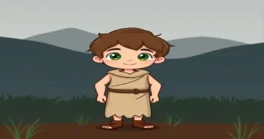 a cartoon drawn little boy with brown hair and green eyes at age 11 on a farm. This is for a children's book so make him cute, innocent and likeable for the reader to look at. I would like the same character doing the following: wearing caveman time period clothes. https://www.imagiyo.com/images/mxkaz6Y5aJ0P/view