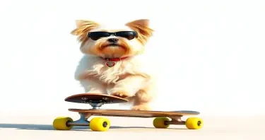 a havanese dog riding a skateboard. wearing sunglasses