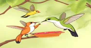 Please create a cartoon drawing of an angry hummingbirds chasing away a squirrel on a branch trying to drink from a hummingbird feeder for a children's book.