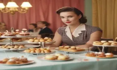 1950s style woman looking at the viewer sitting in front of a table covered with fancy pastries and cakes