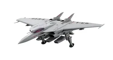 Chinese, Chengdu J-20 style, laterally symmetrical, Macross Valkyrie, Gerwalk Mode, with arms & GU-11 Gun Pod,on a white background