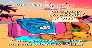 fun and colorful vacation poster in a retro-meets-Western style. A pair of frayed denim Daisy Dukes with rhinestone studs and a daisy flower on the pocket is draped over a cowgirl boot resting beside a pink rolling suitcase. The background features a sunset beach scene with palm trees, sparkles in the sky, and an airplane leaving a heart-shaped smoke trail. Nearby, a wide-brimmed cowgirl hat rests on a beach towel, next to a coconut drink and cat-eye sunglasses. Text in glittery retro lettering says: ‘I’m Ready for My Vacation, Y’all!’. The color palette includes soft pinks, golden oranges, denim blue, and hints of turquoise. Style is playful, feminine, and perfect for a southern summer escape.