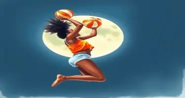 Create a girl basketball player. Her skin tone is dark. Base her off of actress Nathalie Emmanuel.  She is playing beach volleyball on the sunny side of the moon.  She is wearing a cutoff half top shirt that says emphasizes her round firm underboobs as she jumps high in the air for an action shot spiking over the net.  This is a painted watercolour.  She has a straightened light but high Afro