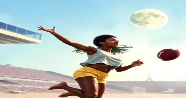 Create a girl American football player. Her skin tone is dark. Base her off of actress Nathalie Emmanuel.  She is playing the game on the sunny side of the moon.  She is jumping up to catch the football in the end zone on the beach sand. She is wearing a cutoff half top shirt blowing up that says  emphasizes her round firm underboobs as she jumps high in the air for an action shot spiking over the net.  This is a painted watercolour. Her loose fitting half top shirt lifts up during her jump revealing her breasts She has a straightened light but high Afro