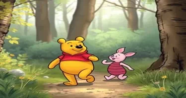 Winnie the Pooh walking with Piglet in the woods