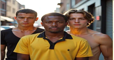 ((Fine art photography:1.8)), ((cinematic film:1.8)), (((grainy Polaroid aesthetic:2.2))), ((realistic skin texture:1.8)), ((volumetric light:2.0)), ((warm backlight:1.8)),(( dynamic shadows:1.6)) In this vibrant scene, three young men stand confidently in an urban environment, exuding a sense of camaraderie and attitude. The foreground features two men: one in a striking yellow shirt with black accents, showcasing a smooth expression that conveys determination, and the other in a dark outfit, sporting casual streetwear and a composed demeanor. A third figure, slightly behind, adds depth to the composition, creating a visual dynamic. The background captures a sunlit street with soft bokeh effects, emphasizing the subjects while hinting at the lively neighborhood. Soft, diffused lighting highlights their facial features, casting gentle shadows that accentuate their expressions. The overall mood is assertive yet relaxed, reminiscent of classic 90s street culture. The color palette includes bold contrasts between the men's clothing and the cooler background tones, offering a striking visual appeal. The composition balances the figures and maintains focus on their interactions and individual personalities. References to urban films of the era inspire the style, enhancing the nostalgic yet modern feel of the imagery.