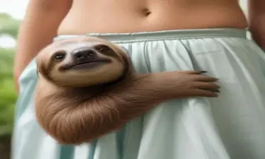 a sloth looking up the skirt of a topless woman