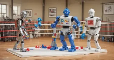 Create a vibrant, eye-catching illustration of two classic Rock'em Sock'em-style robots in a boxing ring. One robot is wearing a Google-branded T-shirt, and the other is wearing a Microsoft-branded T-shirt. Instead of boxing with their fists, each robot is wielding a large, colorful notebook binder as a playful weapon. One binder is blue, the other is red. The scene is being refereed by a third robot, styled in a neutral metallic color, wearing a hat with the Perplexity logo clearly visible. The atmosphere should be energetic and fun, with the boxing ring set under bright lights and a lively, tech-inspired audience in the background. The overall style should be polished, modern, and suitable for use in a professional technology blog or publication. Avoid using any copyrighted logos; use suggestive branding (such as color schemes and general design elements) to represent Google, Microsoft, and Perplexity.