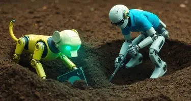 A robotic dog is digging a very deep hole to bury a computer hard drive while a robot wearing a blue polo shirt and glasses is digging a deeper hole in the ground to fill in the hole the robotic dog is making. The two holes are two meters apart from each other