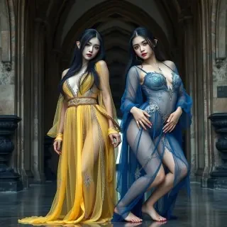 2 gothic, ethereal young women (Chinese ethnicity:1.2), rivals, ultra detailed, with long, glossy dark hair and sharp, piercing eyes with dark red eyeliner, (pale skin:1.2), extremely realistic eyes, highly realistic, with a seductive smirks, and slightly tilted head, 38 DD breasts, curvy, wearing an elaborate, one blue and one yellow,  barely-there transparent flowing robes that are untied (no bra) and wide open showing ample cleavage and full natural breasts and flowing with intricate silver embroidery and ornate chains at the waist (no panties bare bottom, large butt, one in yellow facing forward, legs spread, looking at the camera, slightly bent forward, the other in blue facing forward, squatting, legs apart, seductively grabbing the woman in yellow on her bottom, (long, manicured nails:1.1), a curvaceous voluptuous body type, (standing pose:1.2), set within a grand, naturally lit gothic corridor with arched doorways and ornate stone pillars with torches on the walls, detailed cobblestone floor, volumetric lighting creating a mystical, shadowy atmosphere, dramatic low-angle shot, lit from below, dark fantasy realistic art, cinematic, high detail, 8k resolution, art station trending, moody, chiaroscuro lighting, (intricate fabric detail:1.3).