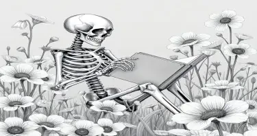 A detailed grey-toned illustration of a human skeleton seated sideways in a relaxed position, reading an open book. The skeleton is gently smiling, with its bony fingers turning the pages. It is surrounded by oversized wildflowers in various shades of grey, from light silver to charcoal, with elegant shading on the petals and leaves. The flowers are tall and abundant, creating an enchanted, dreamlike meadow. The entire scene is rendered in a soft, gothic, monochromatic style with high contrast and intricate botanical details