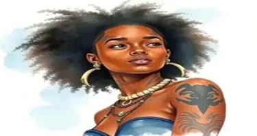 Create a 21 year old female.  Her skin tone is dark. Base her off of actress Nathalie Emmanuel.  She is surfing in outer space . This is a painted watercolour. She has a straightened light but high Afro. She has  tribal  tattoos and bone accessories  and jewelry.