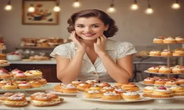 1950s style cheerful woman looking at the viewer sitting in front of a table covered with fancy pastries and cakes