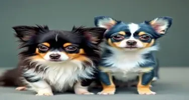 Two cute chihuahuas. Female is long haired. Black tan and white tri colour. And the male is short haired blue tri coloured.