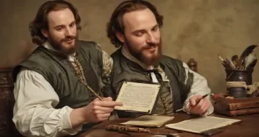 Shakespeare writing on an iPad with a quill pen.