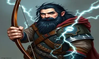 A fifth-edition dungeons and dragons character who is a middle-aged dwarf ranger. He has a wide build, black hair, gray eyes, weilds a magical bow that creates lightning, and wears a mithril breastplate.