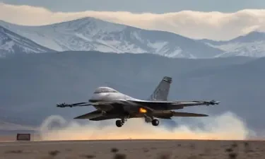 F16 flying near the mountains with an eagle flying alongside it, a blaze trail on a runway beneath the jet