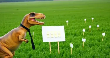 A T-Rex wearing a tie on the left of view. He is seen in profile. His mouth is wide open. The T-Rex is looking across a large field of green. Randomly across the green fields are index cards on sticks sticking out of the ground, and one white board with several sticky notes on it.