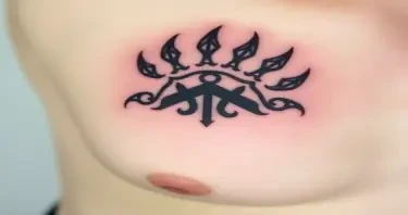 A German Celtic  bear paw tattoo on the right front pec  with a Gemini symbol in the center