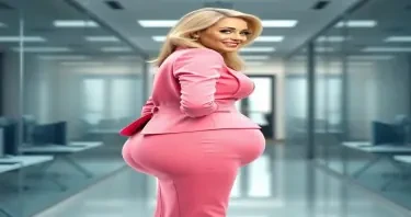 A mature adult woman shown in side profile, standing in a modern office environment. Her body has a highly stylized shape with an extremely narrow waist and maximally developed, smooth, rounded hips that extend outward in a pronounced curve — large and spherical in appearance. Her chest is prominently projected, full, and lifted, balancing the exaggerated lower body proportions. She has a compact frame with short limbs and a visibly larger head-to-body ratio. Her facial features include clear blue eyes, long eyelashes, a small nose, full lips, straight bright white teeth, and a well-defined, forward-projecting jawline. Her long, voluminous blonde hair is styled neatly. She is dressed in tightly fitted, formal business clothing — specifically a tailored pink blazer and a matching pink skirt that contour precisely to her shape. The lighting is soft, and the background includes clean architectural elements such as glass panels and desks. The image is photorealistic and high resolution, with strong focus on the curve of her figure from the side, as well as her facial structure and posture.