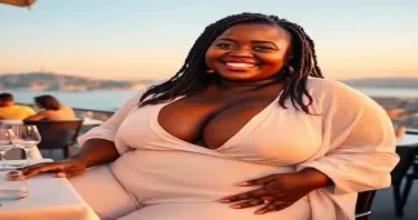 A joyful size 36, SSBBW hugely fat black woman with a radiant smile, wearing a flowing white outfit with a low cut top, with gold earrings, dining at a sunlit rooftop restaurant in Istanbul. She has braided hair, dark skin, huge breasts at at least size 38P, a rounded, wide belly, soft arms, wide hips, thick thighs, and a confident, relaxed pose. Her voluptuous body strains against the fabric of her outfit. The Bosphorus sparkles in the distance, and the city skyline glows in the warm evening light.