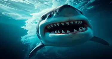 Photorealistic great white shark rushing at the viewer. Under water. Violently bubbling water. Rows of teeth. Blood clouds in the water. Highly detailed.