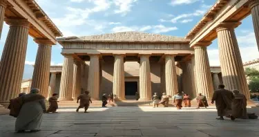 a photorealistic picture of inside the Parthenon of ancient Greece city during the time when Aristotle lived with people in period clothing