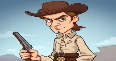 Create a cartoon drawing for a children's book of sheriff Wyatt Earp in Dodge city in 1875. Make him look tough and menacing with his six gun in his holster and his star on his shirt. with brown hair