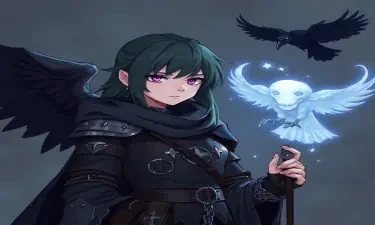 A 5E dnd character who is a half-elf cleric and warlock sworn to the mother of shadows. She wears chainmail, is slightly androgynous, and has a ghostly raven familiar.