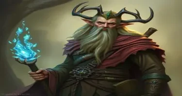 A fifth-edition dungeons and dragons characer who is a male eladrin wildshape druid.