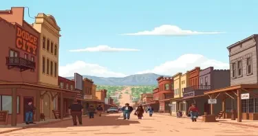 A cartoon picture of the Wild Western town of Dodge City. A long view of the city as if walking down the middle of Dodge City in 1875 BC with buildings on both sides of the street as the town gets smaller in the distance with people in Dodge City in 1875 on the street living everyday life.