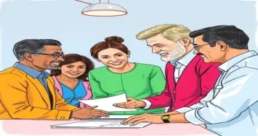 A drawing of a multigenerational and multiracial group of adult professionals collaborating with each other at a business in an office setting for a book cover