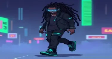 Generate a pixel tileset of a 2d cyberpunk male with dreadlocks. TIleset should include a walking, running, jumping, and standing animation.