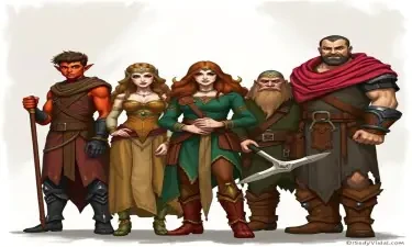 A five member dungeons and dragons adventuring party consisting of: A red-skinned thin male elven rogue, an adrogynous female half-elf cleric/warlock, a curvy female half-elf sorceror/warlock, a short but wide male dwarven ranger, and a very tall male half-giant barbarian/paladin.
