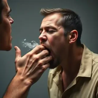 can you generate an image of a man spitting in another man's mouth with his hand squeezing his throat?