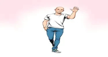 A bald white male in blue jeans and a T-shirt. He only has one leg and one arm. He's standing, balancing on his one leg, waving with his one arm