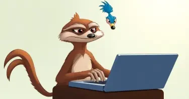 A sloth typing on a laptop while the Road Runner stands behind him looking impatient