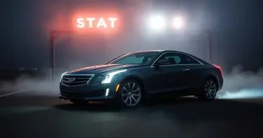 A Cadillac ATS coupe shown at a racing starting line in a disk to dark backdrop with fog obscuring the ground. The ATS coupe has lightning intensely generated from around the hood of the car which travels all over the exterior and slightly trails off the back of the car.