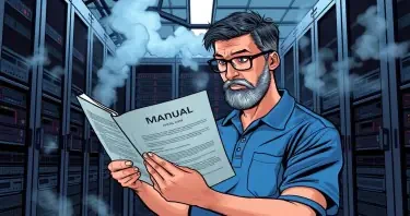 A man is frantically paging through a manual filled with blank pages while standing in front of a huge rack of computers in a data center with smoke coming out of the racks. The man has black hair and a thin beard, both of which are turning grey. He has tan skin. He is wearing glasses and a blue polo shirt with a pocket.