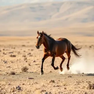 Wild horse running across open plains with dust in the air, morning sunlight