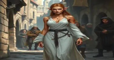 A fantasy art image of an elf woman walking on a street in a medieval human city. She is tall, tanned, with high cheekbones and sharp features, wearing a long white robe.  A few faces sneer at her but she appears defiant and confident