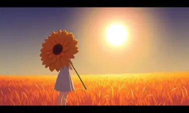 A girl holding a huge flower, micro art, girl standing in the autumn field basking in the sun, autumn sun shining brightly, simple background, simple lines, a lot of white space, tilted picture, upward view, strong visual impact