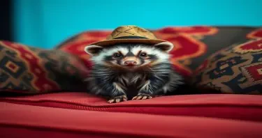 photograph, candid shot, famous randomly couch and randomly finished with randomly Opossums, center point for an Opossum wearing a hat, Use camera is Canon EOS 5D Mark IV with a Canon EF 24mm f/1. 4L II USM lens, set at aperture f/2. 8 for a depth of field that highlights the furniture clean lines with rich and many detail, randomly color and finished, soft ambient light, studio light setting, ultra realistic, UHD, many details