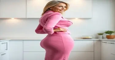 A mature adult woman shown in side profile, standing in a clean, modern kitchen environment. Her body has a highly stylized shape with an extremely narrow waist and maximally developed, smooth, rounded hips that extend outward in a pronounced curve — large and spherical in appearance. Her chest is prominently projected, full, and lifted, balancing the exaggerated lower body proportions. Her abdomen is completely smooth and flat, showing zero visible body fat, with a firm, contoured midsection that emphasizes her hourglass silhouette. She has a compact frame with short limbs and a visibly larger head-to-body ratio. Her facial features include clear blue eyes, long eyelashes, a small nose, full lips, straight bright white teeth, and a well-defined, forward-projecting jawline. Her long, voluminous blonde hair is styled neatly. She is dressed in tightly fitted, formal business clothing — specifically a tailored pink blazer and a matching pink skirt that contour precisely to her shape. The lighting is soft and ambient, and the background includes clean kitchen features such as smooth countertops, cabinetry, small appliances, and subtle reflections. The image is photorealistic and high resolution, with strong focus on the curve of her figure from the side, her abdominal definition, and the visual contrast between formal wardrobe and domestic environment.