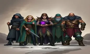 A five-member dungeons and dragons adventuring party consisting of: An male elven rogue/bard, a female half-elf cleric/warlock, a female half-elf sorceror/warlock, a male dwarven ranger, and a male goliath barbarian/paladin.