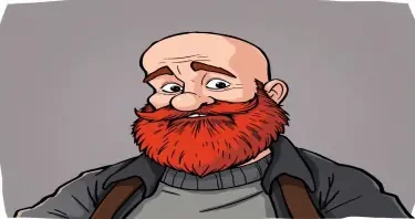 CARTOON OF A CHUBBY BALD MAN WITH A RED BEARD