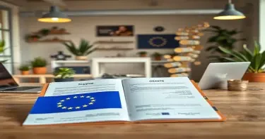 A realistic scene showing a newly established company supported by European Union funding. In the center, an open folder with grant application documents and a visible EU flag. Nearby, a modern startup office with a laptop, a product prototype, potted plants, and an atmosphere of innovation and growth. In the background, a symbolic stream of money (e.g., euro banknotes or coins) “flowing” toward the business, representing grants. Warm, optimistic lighting. No people, no text.