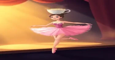 illustration of a beautifula ballerina dancing on stage wearing pink tutu and hear head is a cup of capuccino, animated with a feminine face
