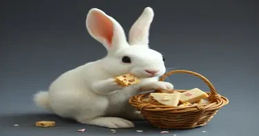 white rabbit with basket eating fudge