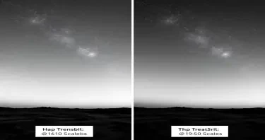 Create a Black and White image that that demonstrates image scale, resolution, and detail with side-by-side comparison images showing the effect of different image scales: one with a higher scale with a grid with larger squares (pixels) covering a wider area of the sky and the other with a grid with smaller squares (pixels) covering a smaller area of the sky with no labels